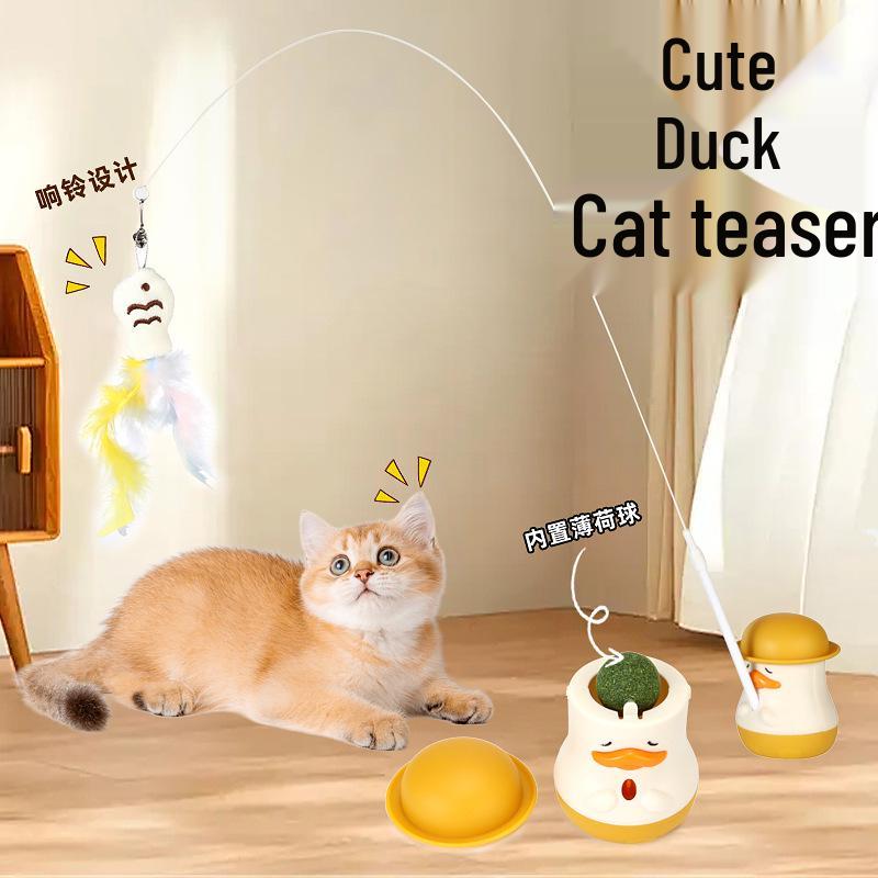 Multifunctional Duck Cat Teaser Wand with Rotating Feather & Catnip for Self-Play