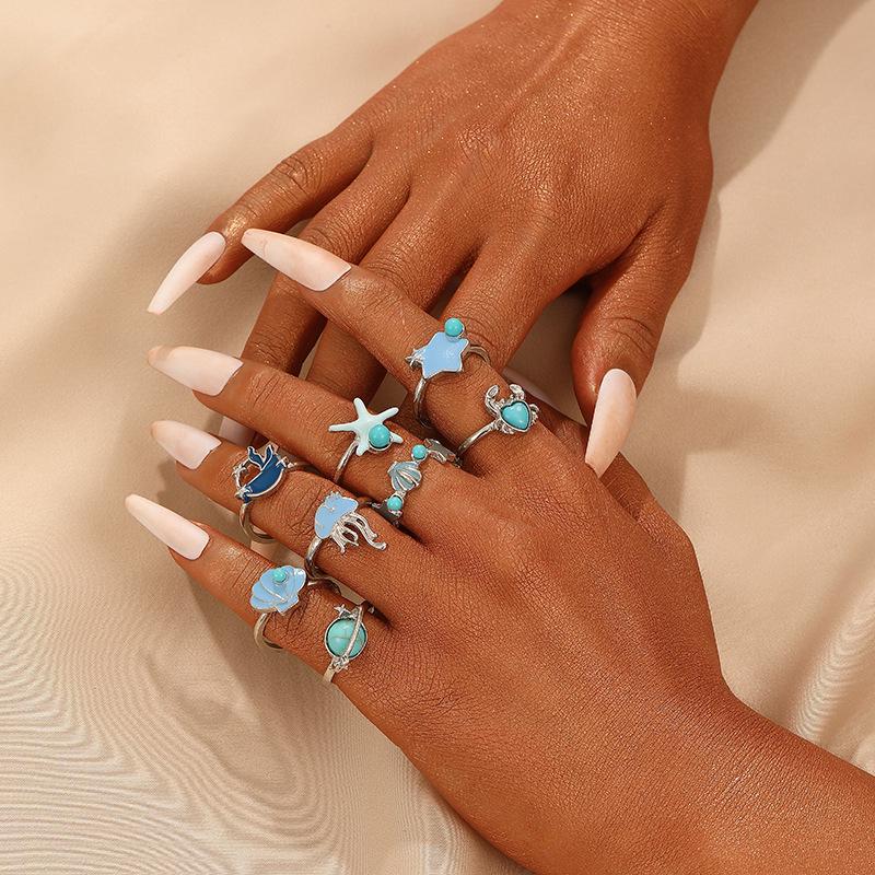 Bohemian Ocean Resort-Style Retro Ring Set: Turtle & Starfish Design