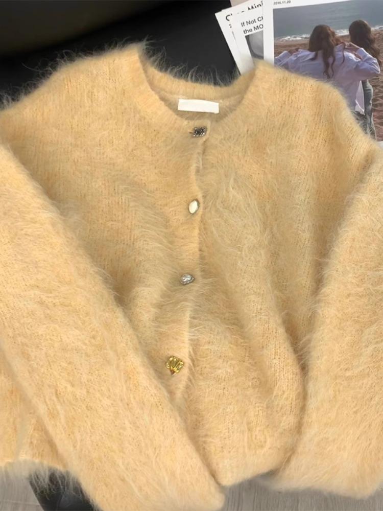Milk Yellow Soft Waxy Imitation Mink Fleece Sweater Women's Autumn and Winter New Niche Design Single-breasted Knitted Cardigan