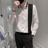 Men's Black White Contrast Panel Embroidered Collar Long Sleeve Button Down Shirt Casual Formal Top