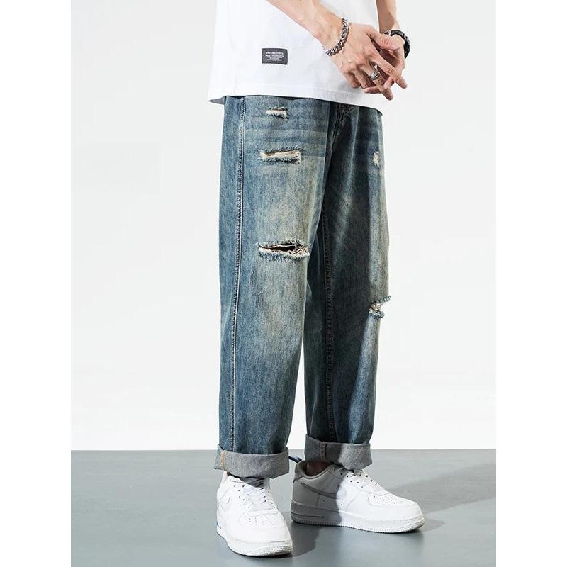 Spring and summer American washed retro jeans men's loose wide-leg drape straight trousers ripped and worn beggar pants tide