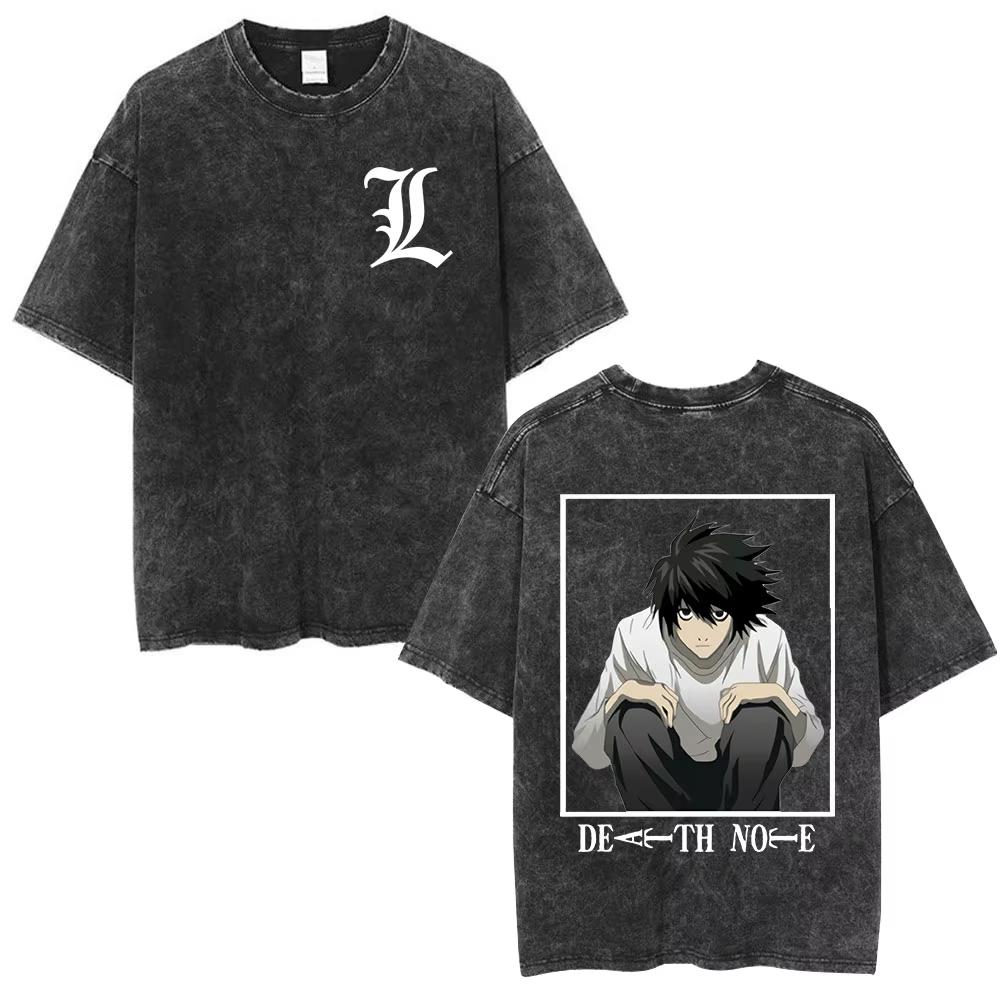 2026 Summer Hot Sale Vintage Washed Anime Death Note Graphic T Shirts Men Women Vintage Hip Hop Streetwear Oversized Tshirt