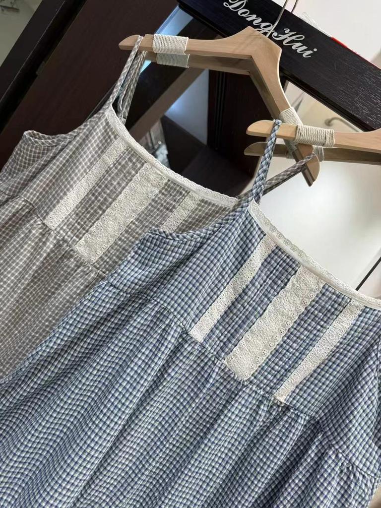 Dam Mori Girl-stil Konstnärlig Rutig Spets Camisole - Söt, Lös Passform, Liten Storlek