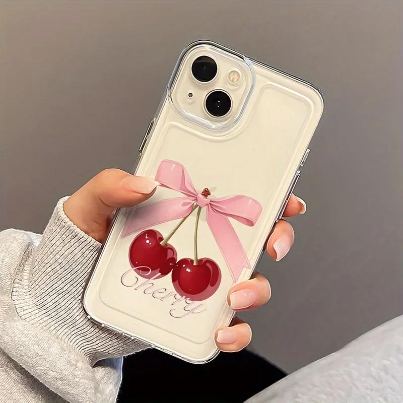 Cute Cherry Bow-Knot Clear Case for iPhone 16 12 13 Mini 11 14 15 Pro Max Xs XR 8 Plus Ultra Thin Silicone Cover for Women Girls