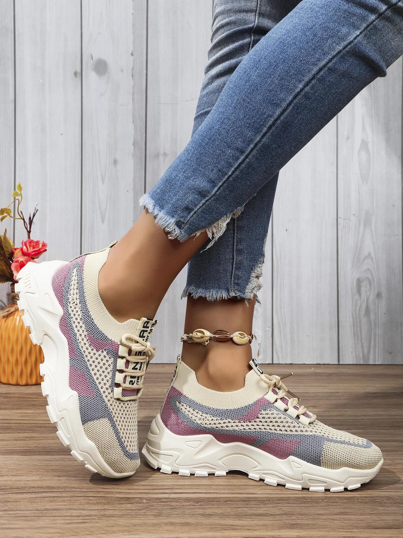 Мода 2024 года женские дышащие летающие тканые кроссовки повседневные туфли на платформе — фото 4