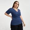 New V-neck splicing wide slim fit autumn solid color top women's European and American short-sleeved t-shirt women's
