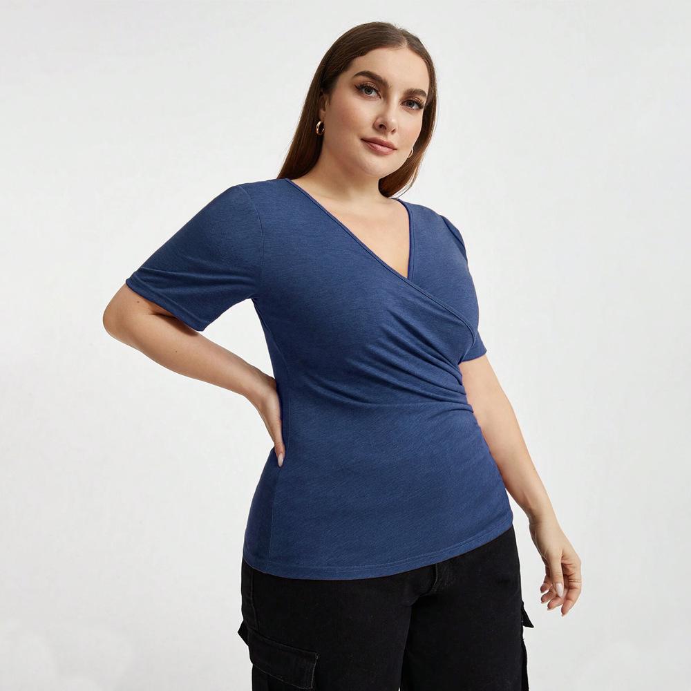 New V-neck splicing wide slim fit autumn solid color top women's European and American short-sleeved t-shirt women's