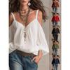 Women Solid Color Off Shoulder Spaghetti Strap Loose Long Sleeve Casual Blouse