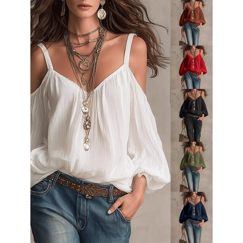 Women Solid Color Off Shoulder Spaghetti Strap Loose Long Sleeve Casual Blouse