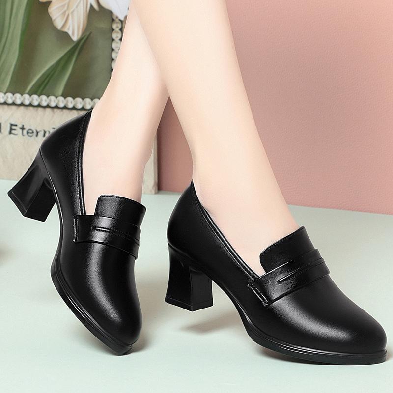 High heels women's spring and autumn new single shoes waterproof table women's leather shoes work shoes black loafers