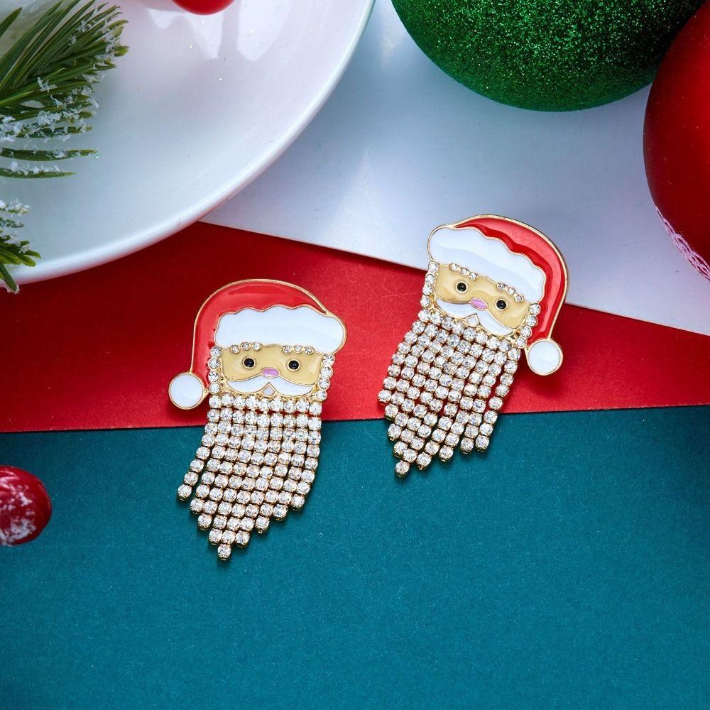 Pearl Adorned Enamel Drop Earrings Rhinestone Decorated Santa Claus Stud Earrings Xmas Gifts
