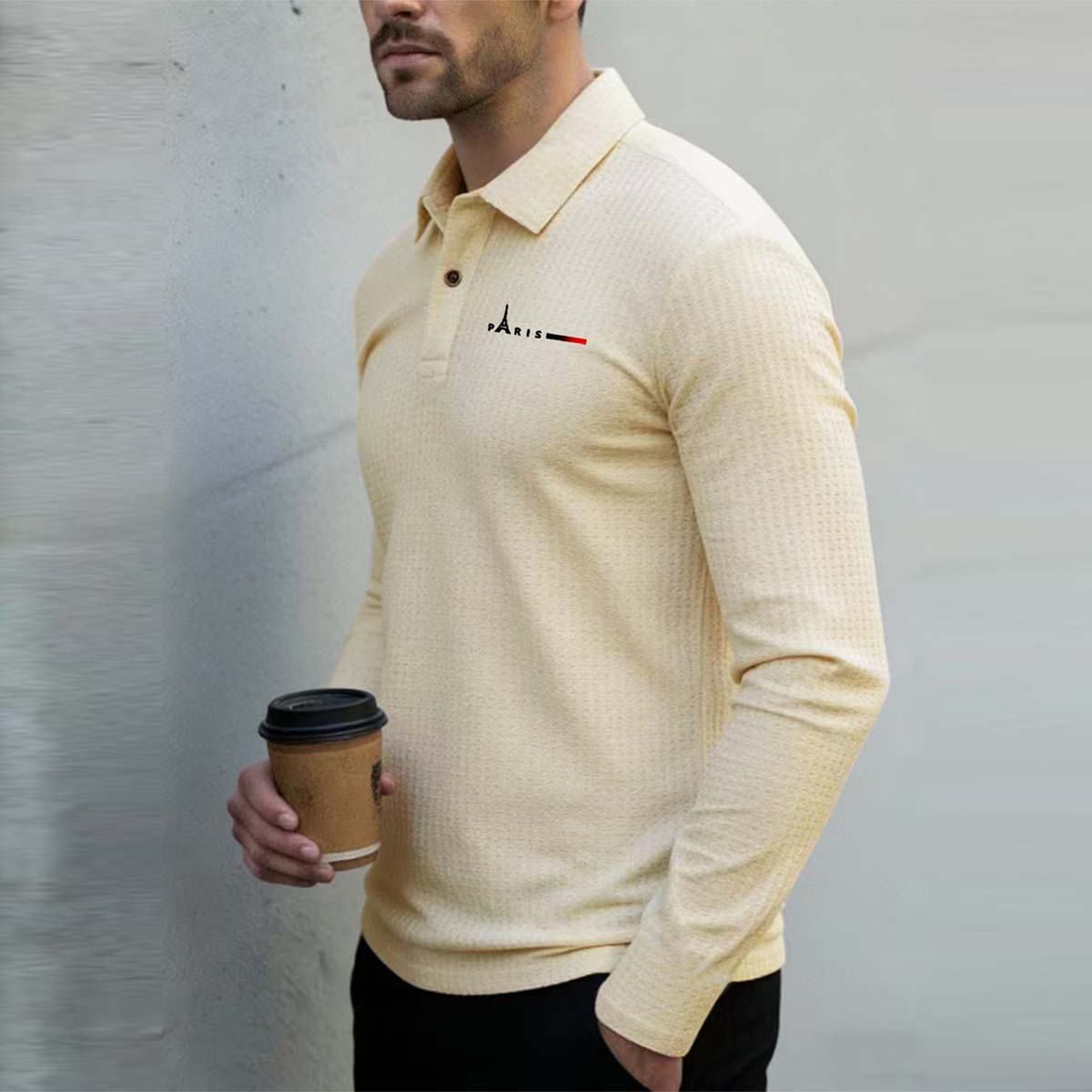 Men s Waffle Knit Paris Eiffel Tower Long Sleeve Polo 2XL бежевый