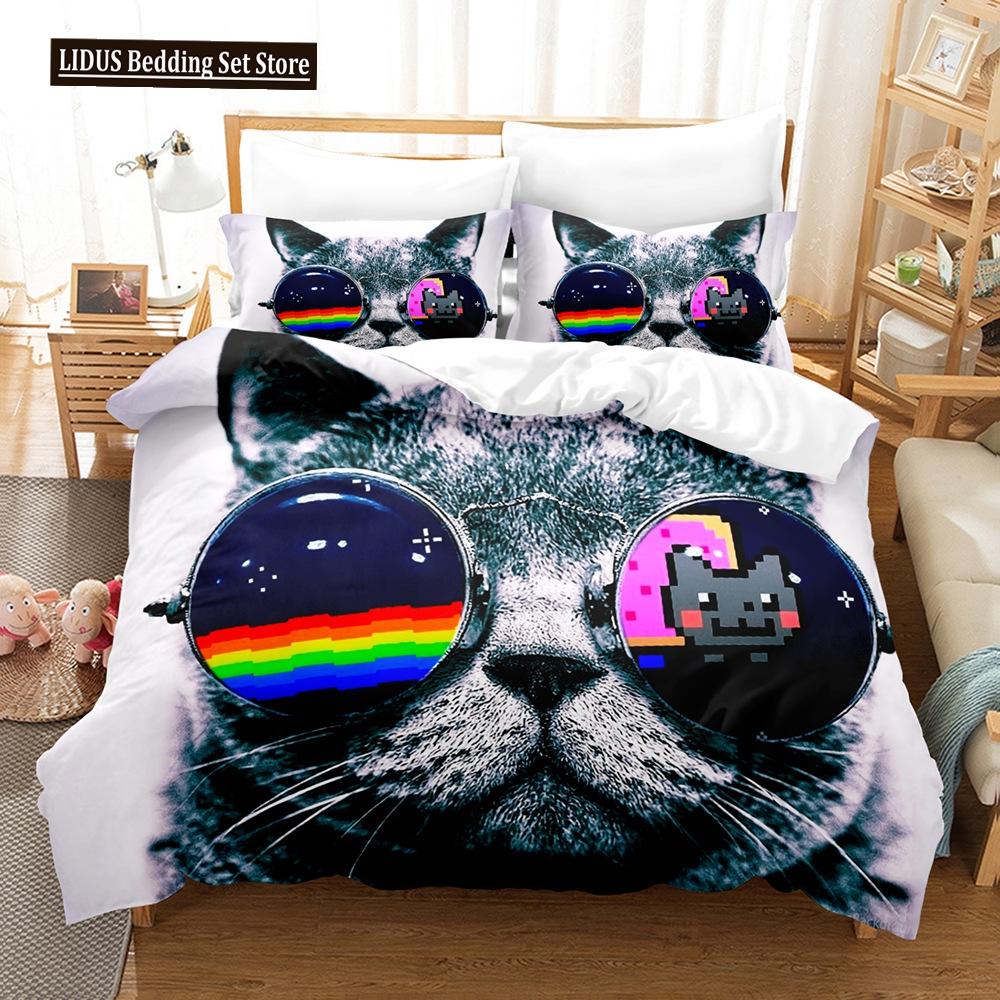 Katzen Bettbezug Set Queen King Size Für Jungen Mädchen Niedlicher Tierdruck Bettwäsche Set Schlafzimmer Haustier Thema Polyester Bettdeckenbezug
