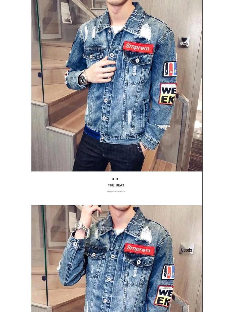 Herren Europäischer Stil Retro Bestickte Zerrissene Jeansjacke