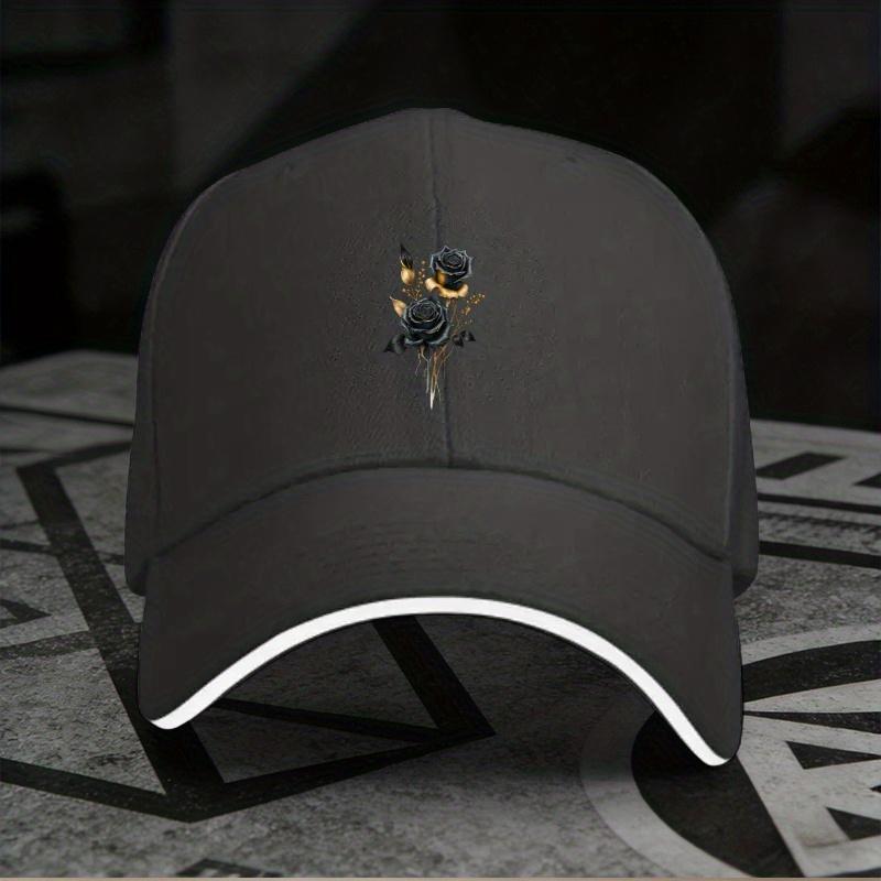 New An Adjustable Sandwich Baseball Cap Featuring a Black Rose Print, a Lightweight Printed Women'S Hat, a Trendy 'Dark Style' C