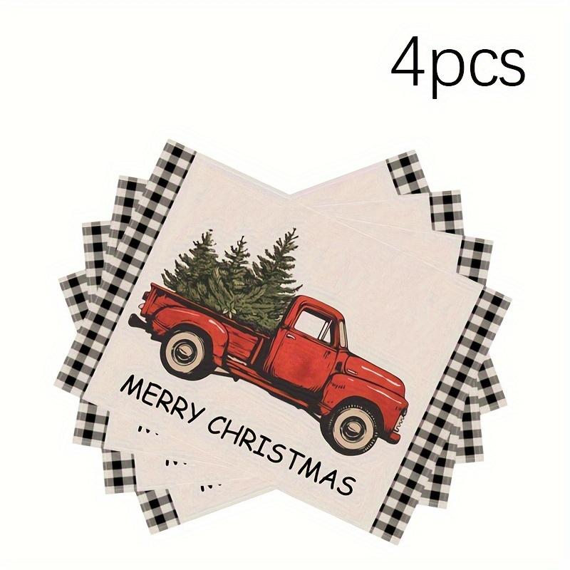 4pcs, Vintage Pickup Truck Merry Christmas Placemats, Linen Red Black Buffalo Plaid Truck Christmas Tree Christmas Table Mats, 12*18 Inch Winter