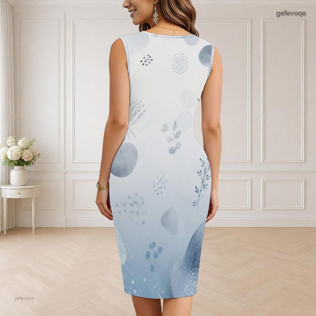 Women Plus Size V Neck Sleeveless Multicolor Printed Bodycon Midi Dress