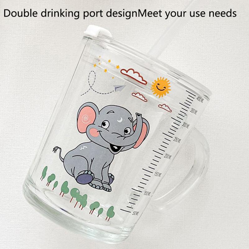 Kids Straw Cup With Lid And Handle Cute Glass Tumbler Baby Feeding Water Bottle Cartoon Glass Cup For Kids Drinkw