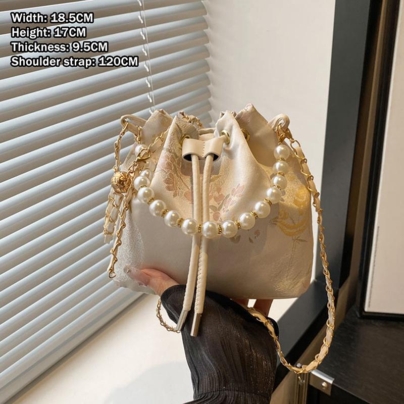 

Pearl Chain Bucket Bag Women S Shoulder Bag Simple New Chinese Style Retro Crossbody Bag White2