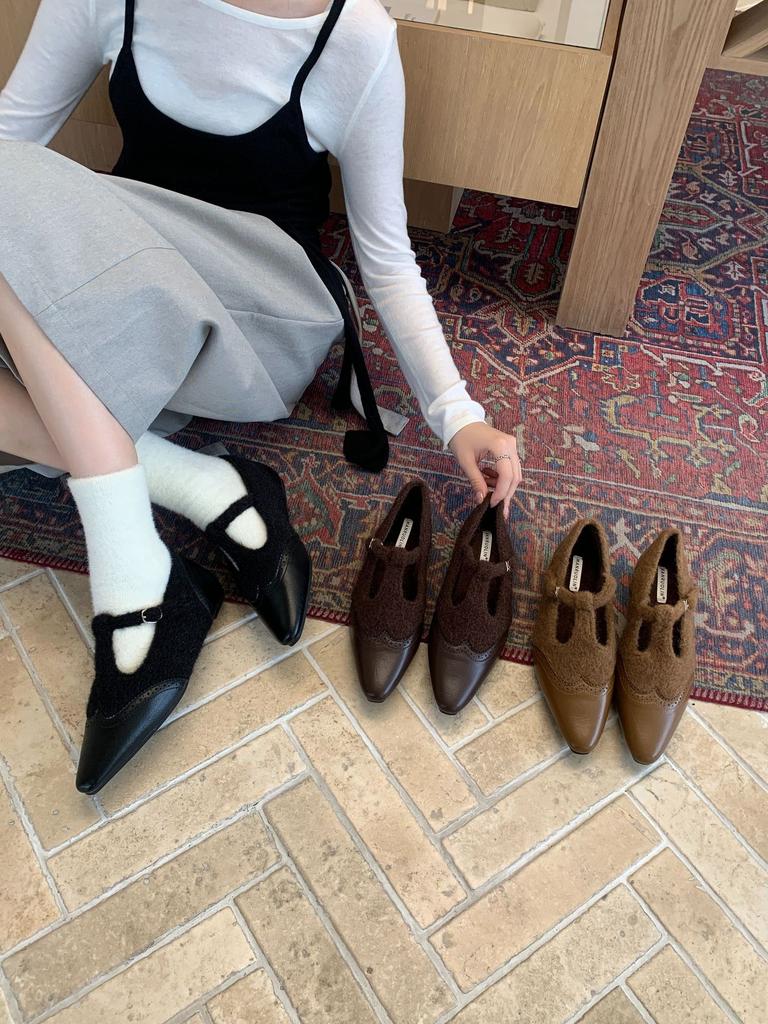 2025 Winter Atmosphere! Temperament Woolen Pointed Splicing Mary Jane Shoes Women's Autumn Velvet Inner Height-increasing Single Shoes