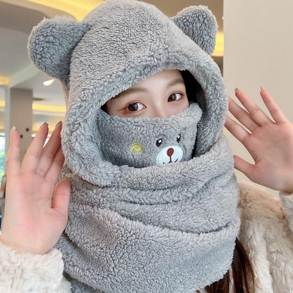 Ear Protection Korean Cap Bear Ears With Mask Winter Gloves Lamb Fleece Hat Women Plush Hat Scarf