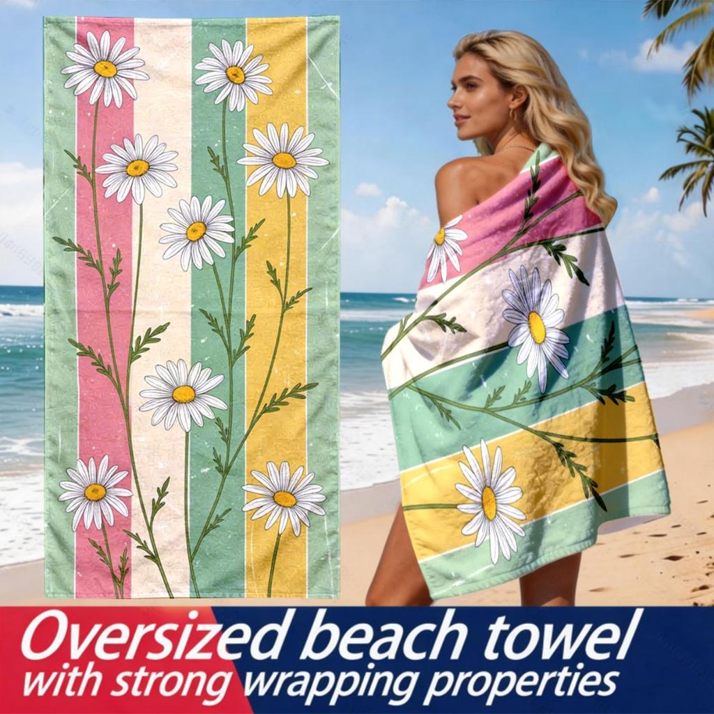 Daisy-striped beach theme polyester microfiber beach towel is highly absorbent, suitable for swimming and beach outings