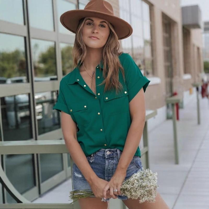 

Весна Лето Женские Шифоновые Модные Топы Рубашки с Коротким Рукавом Рубашка на Пуговицах XL зелёный