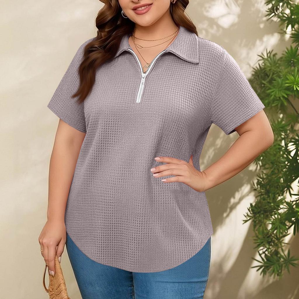 Women's Fashionable Casual Loose Fit Zipper Short-Sleeve Top