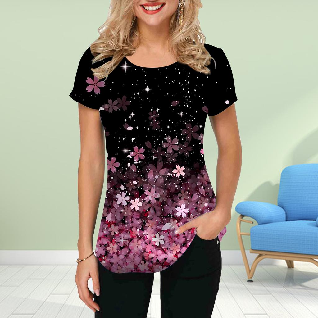 Fashion Women Beautiful Cherry Blossoms Print T Shirt Funny Casual O-neck Short Sleeves T-shirt Summer Female Tee Shirt