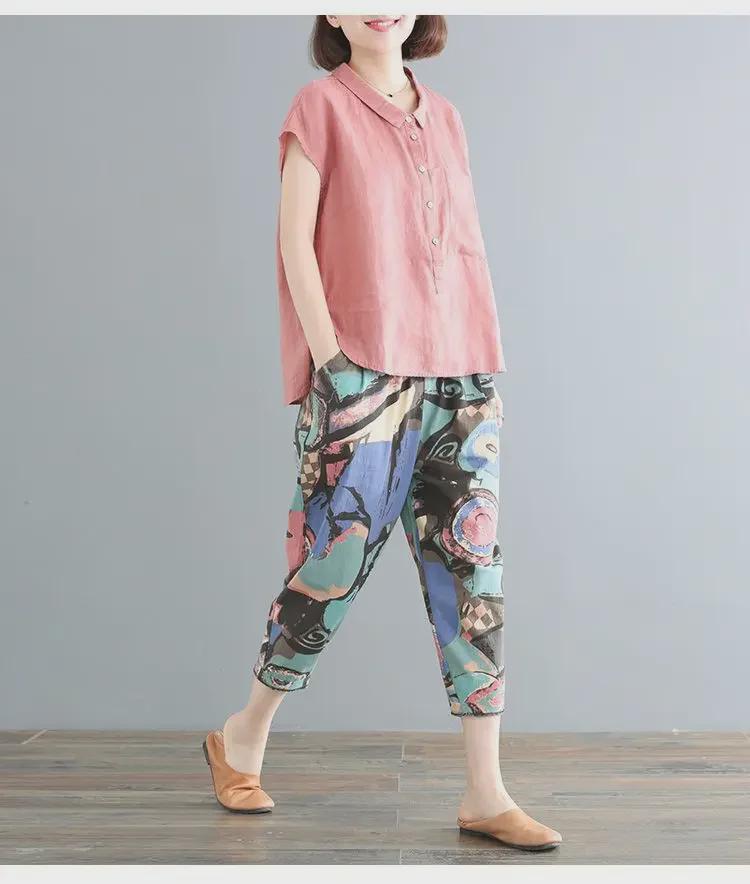Women's 2024 Summer Retro Loose Cotton & Linen Mid-Sleeve Doll Collar Shirt