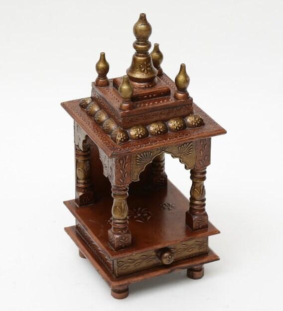 Antique Finish Wood Mandir: Embossed Wall Shrine, Puja Ghar