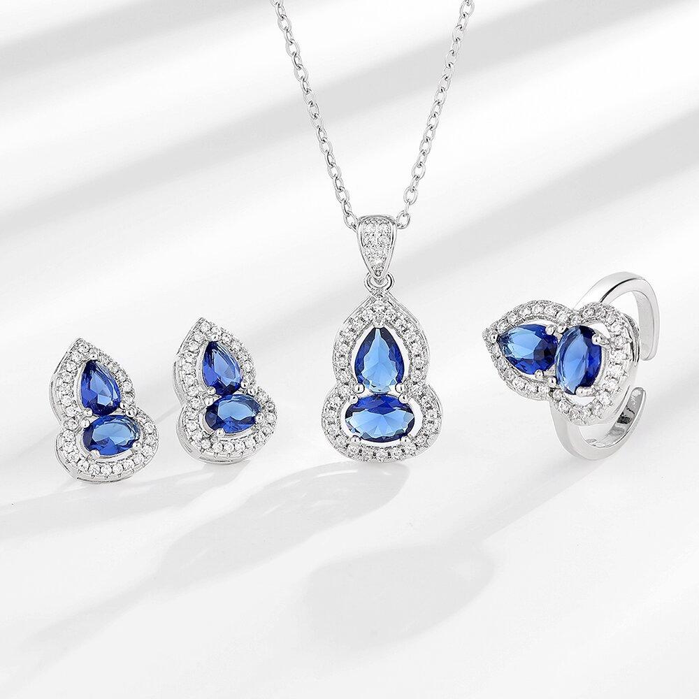 2026 Inlaid Zircon Sapphire Gourd Water Drop Set Necklace Stud Earrings Three-piece Jewelry 45CM