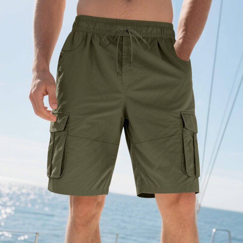Summer Loose Men's Safari Style Shorts Multi Pockets Casual Loose Fit Straight Elastic Waist Beach Shorts