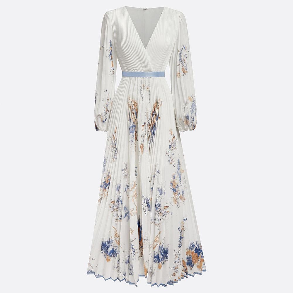 Spring Autumn Long Sleeve Boho Style Dress Woman Elegant Floral Print A-Line Pleated Dresses Sexy Deep V Neck High Waist Long Dress