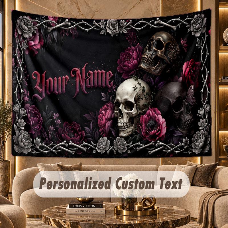 Skull Gothic (351) Theme Wall Tapestry Customized With Name Text Personalized Hanging Tapestry For Bedroom Living Room Decor