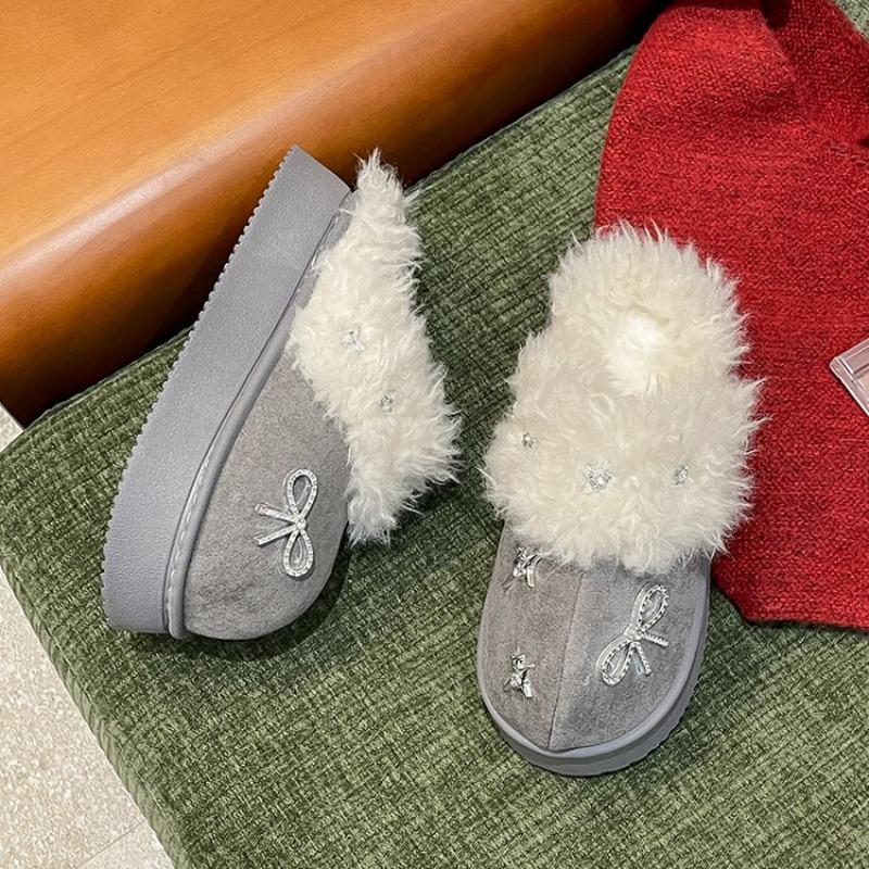 Mode Flash Diamant Schleife Plateau Schneestiefel Damen Fleece Warm Baumwollschuhe