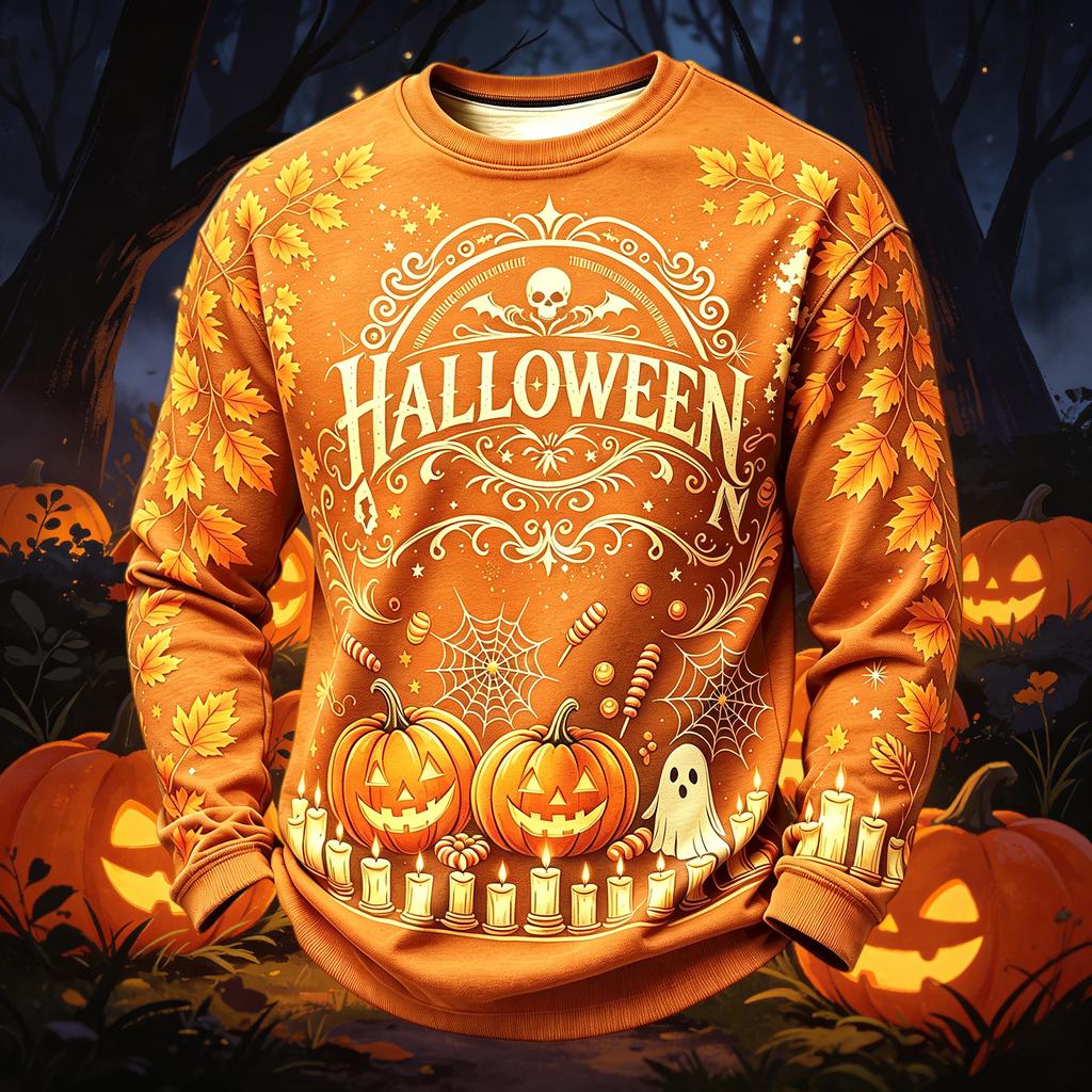 Men's Casual Round Neck Long Sleeve Top with Halloween Print
