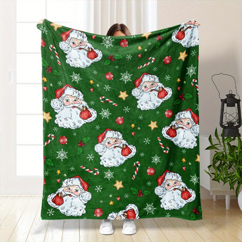 Green Vintage Santa Claus Flannel Blanket, Cartoon Santa Pipe Snowflake Candy Cane Print Soft Warm Blanket for Sofa Bed Xmas Holiday Home Decor Gift