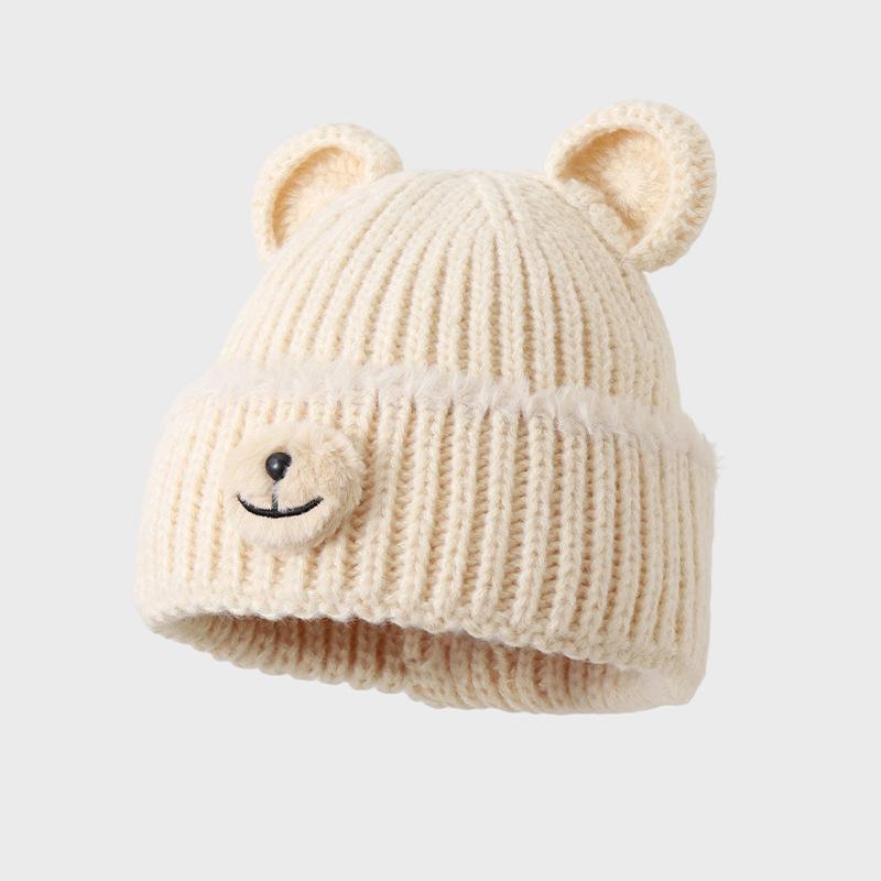 Cute Bear Ears Knitted Hat Autumn and Winter Velvet Thickened Thermal Ear Protection Hat Loose Face Small Wool Hat Woman