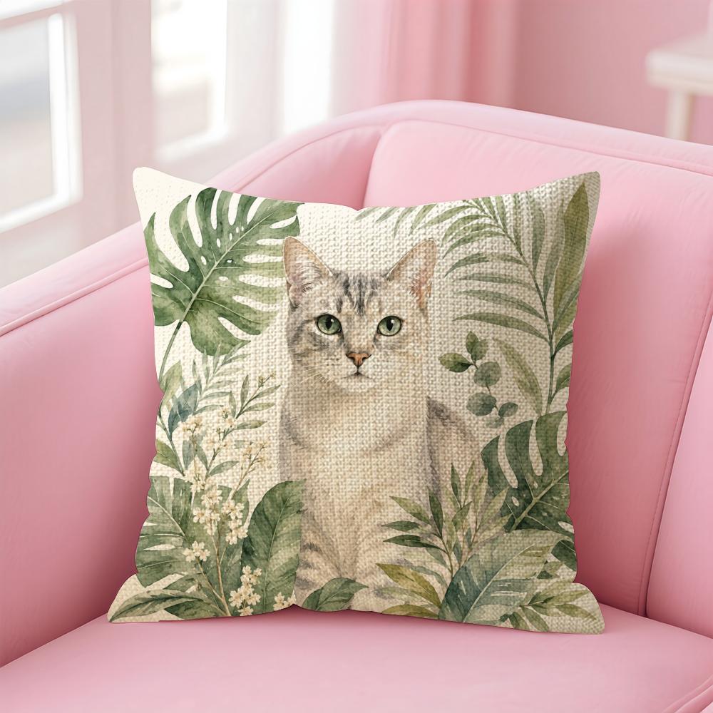 Tropical Jungle Flora Cat Cushion Cover Natural Linen Organic Fabric DoubleSided Printing Sofa Home Decor Gift Pillow Case