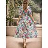 New Boho Floral Print Midi Dress Women Fashion V-Neck Short Sleeve Dresses For Women 2025 Summer Casual Holiday Long Dress