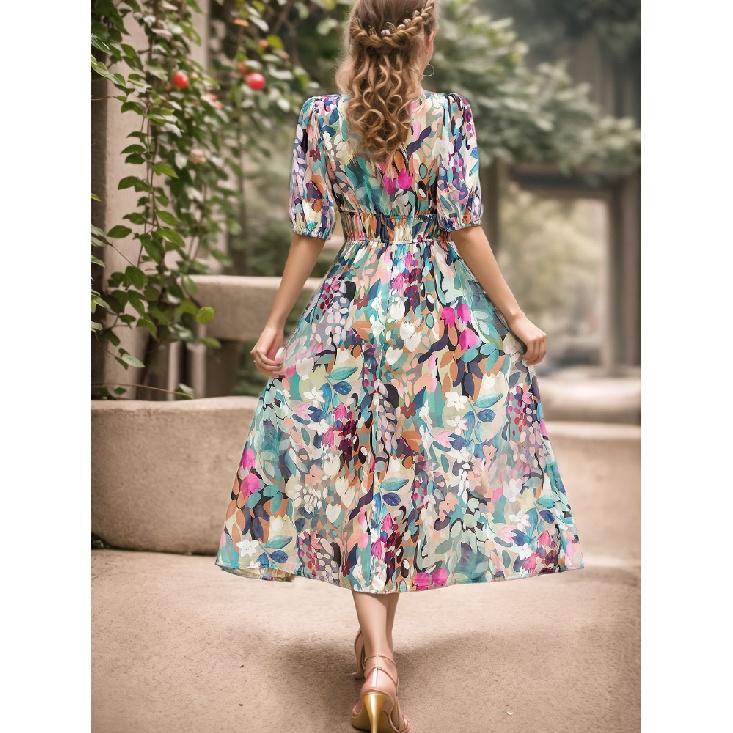 New Boho Floral Print Midi Dress Women Fashion V-Neck Short Sleeve Dresses For Women 2025 Summer Casual Holiday Long Dress