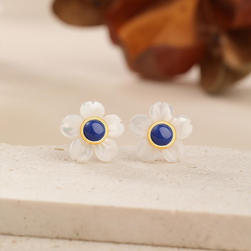 Flower s925 sterling silver stud earrings natural lapis lazuli new design sense small fresh sweet accessories women