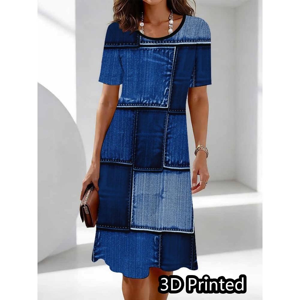 Big Size S-6XL Women's Printed Dress Summer Short Sleeve Round Neck Casual Mini Dress