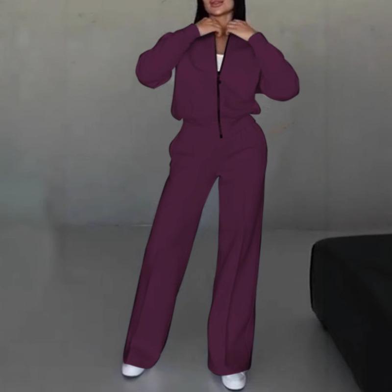 VEZFAA Pantalones de moda para mujer, informales, de primavera y otoño, con estampado de colores sólidos, de manga larga y cuello redondo, pantalones, trajes