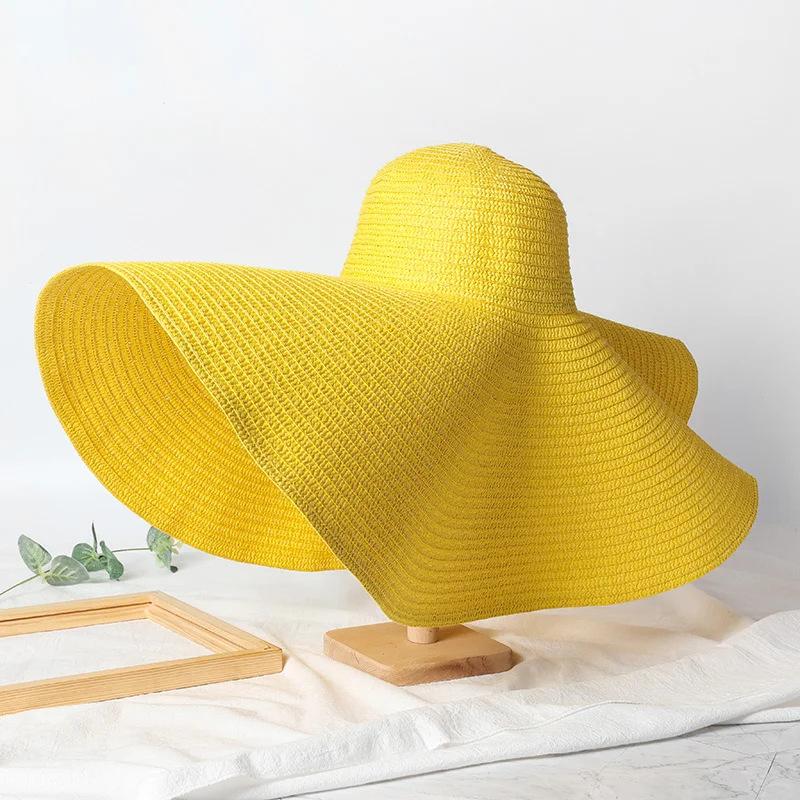 Oversize 25Cm Wide Brim Straw Hat Women'S Beach Cap Foldable Sunshade Protection Hat Ladies Sun Hats For Summer Girls