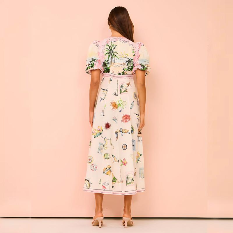 Summer Casual Puff Short Sleeves Dresses for Female Plant And Flower Prints Dress Round Necked Dress Women's Fashion High Waist Dress Beach Dress