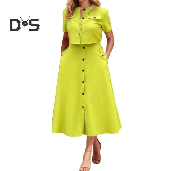 Women's Shirt And Skirt Solid Color O Neck Button Down Blouse Skirt with Pockets Summer Outfit for Office Business Occasions