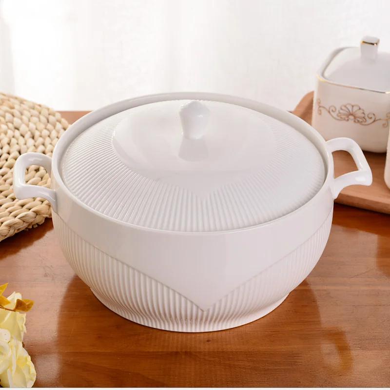 Ceramic Soup Pot Nordic Phnom Penh White Round 2.6L Large Bowl with Lid Cooking Utensils Household Kitchen Supplies Tableware