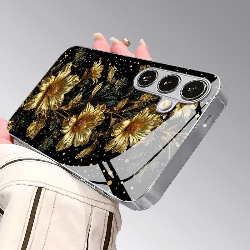 Metal Floral Pattern 2D Phone Case for Samsung S26 S25 S24 S23 S22 S21 S20 A56 A36 A16 - Electroplated Glass Protective Cover